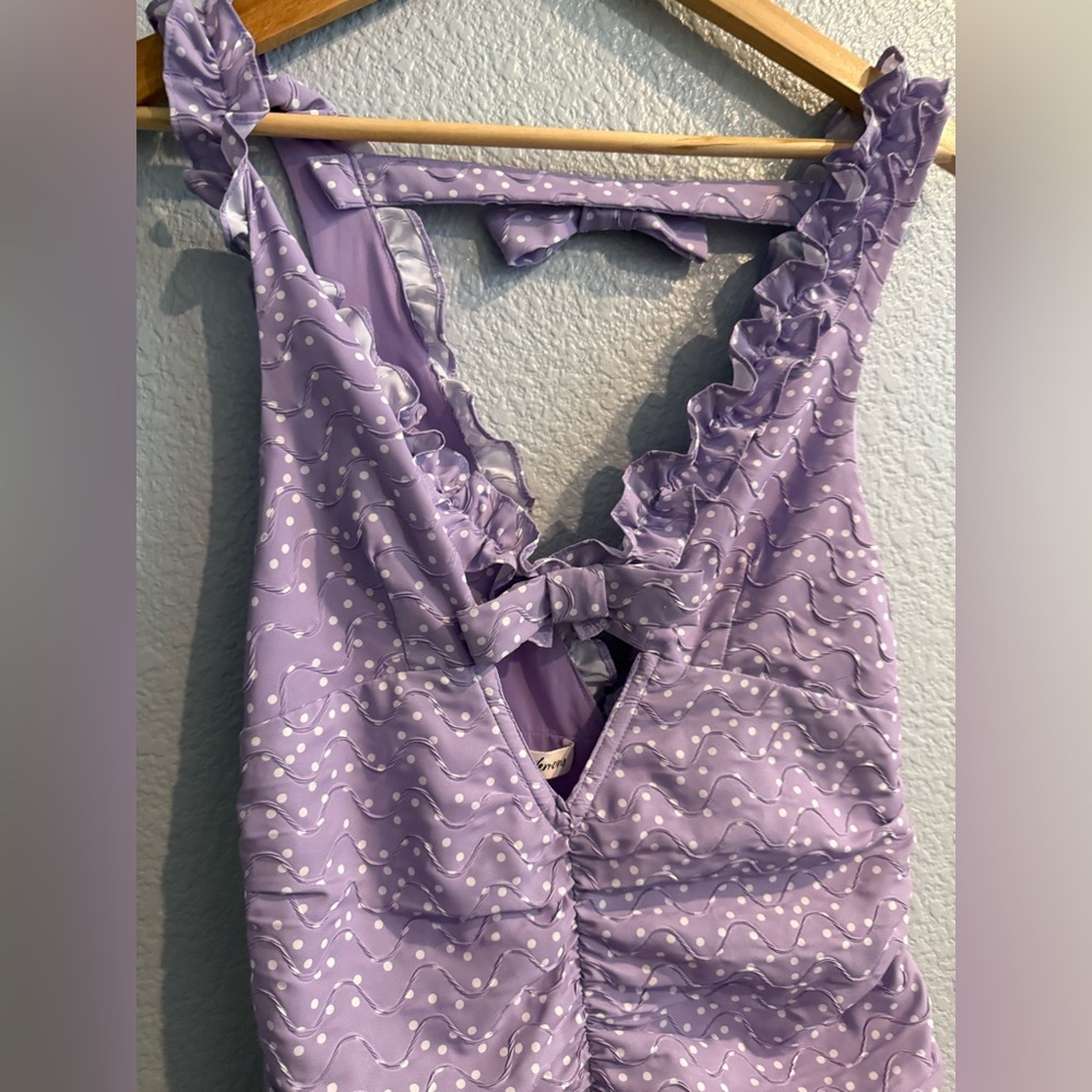For Love And Lemons Chelsea  Purple Polka dot Ruched Mini Dress Sz 2 - Picture 11 of 14